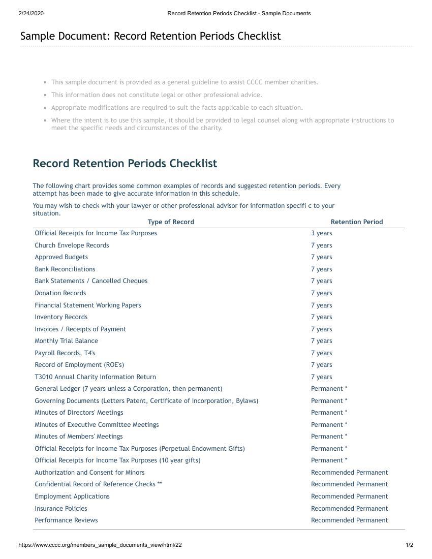 CCCC Record Retention Periods Checklist   Sample Documents
